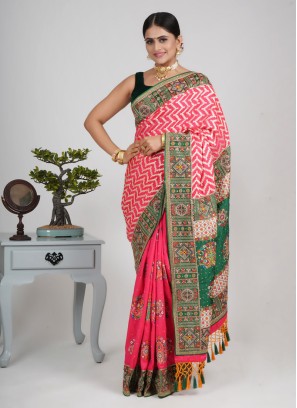 Carrot Pink and Green Embroidered Silk Saree