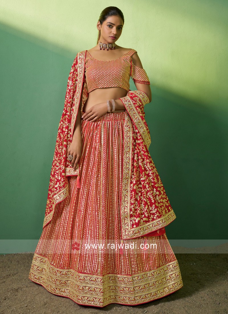 Noble Patch Border Satin Red Lehenga Choli