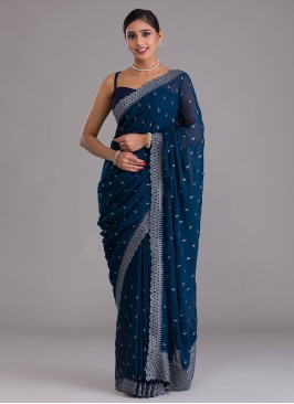 Charming Navy blue Chinon Chiffon Traditional Saree