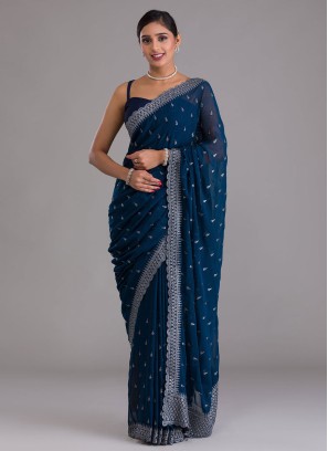 Charming Navy blue Chinon Chiffon Traditional Saree