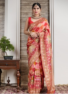 Checks Banarasi Silk Sare In Multi Color