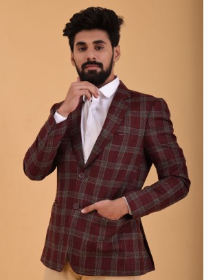 Checks Maroon Tweed Fabric Blazer