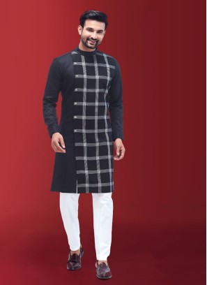 Checks Print Navy Blue Indowestern For Festive