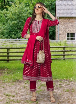 Cherry Red Festive Wear Rayon Salwar Kameez