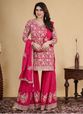 Cherry Red Gharara Suit In Crepe Silk With Embroidered Work