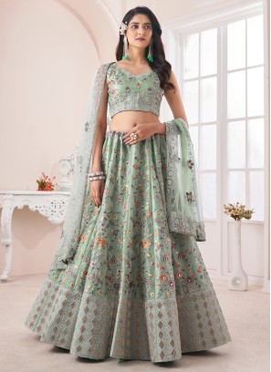 Designer Pista Green Chiffon Embroidered Lehenga Choli