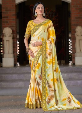 Light Yellow Batik Printed Satin Silk Saree