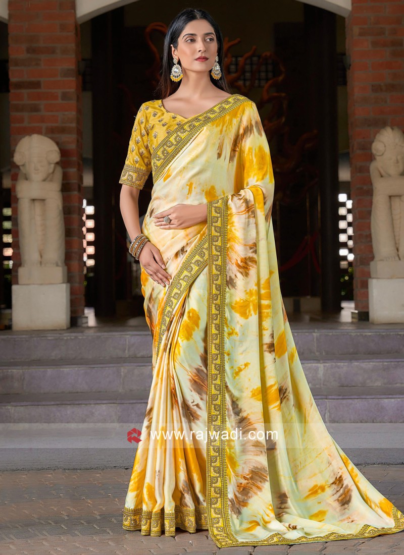 Light Yellow Batik Printed Satin Silk Saree
