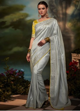 Enticing Silver Designer Banarasi Shimmer Silk Saree