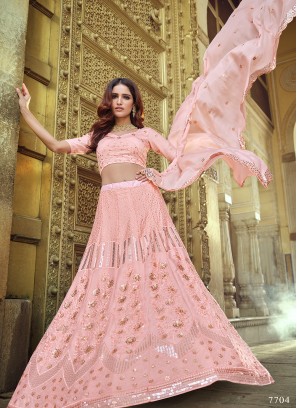 Buy Dusty Pink Resham Embroidered Net Sangeet Lehenga Online | Samyakk