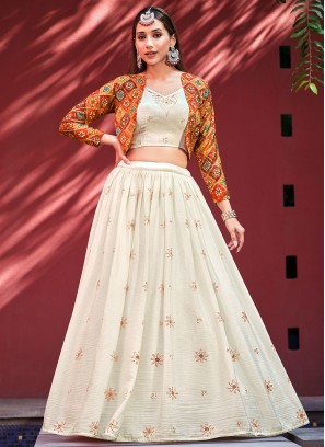 Off White Chiffon Sequins Lehenga Choli with Multicolored Jacket