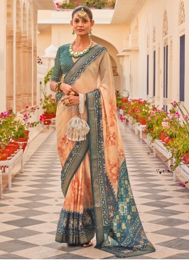 Teal Blue and Beige Chiffon Silk Printed Saree