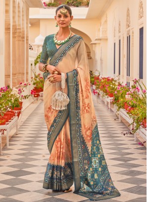 Teal Blue and Beige Chiffon Silk Printed Saree