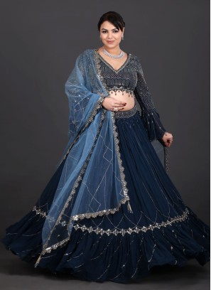 Elegant Teal Blue Chiffon A Line Lehenga Choli