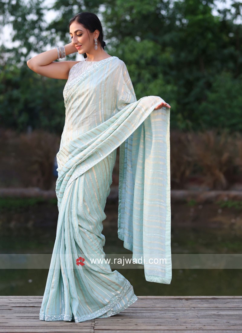 Chiffon Silk Designer Saree In Aqua Green Color