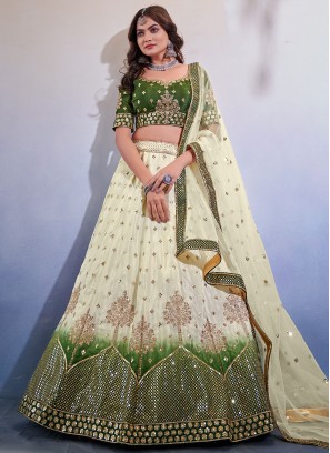 Off White and Green Embroidered Chinon A Line Lehenga Choli