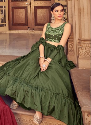 Stunning Olive Green Chinon Lehenga Choli