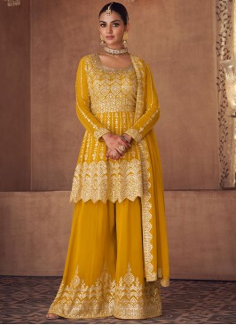 Mustard Yellow Chinon & Georgette Palazzo Salwar Kameez