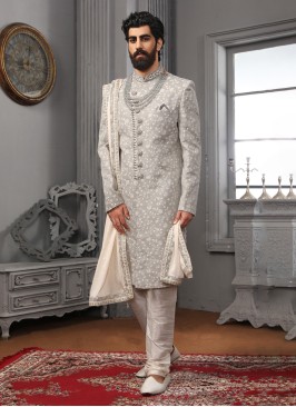 Classic Light Grey Thread Embroidered Sherwani For Wedding