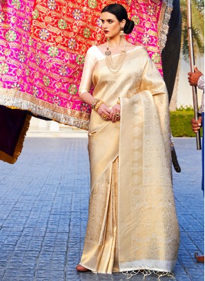 Classic Off White Zari Woven Silk Saree