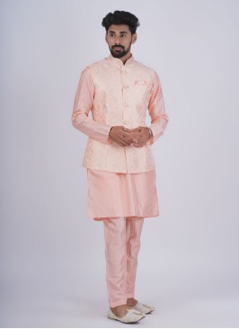 Classic Pink Silk Nehru Jacket Set For Wedding