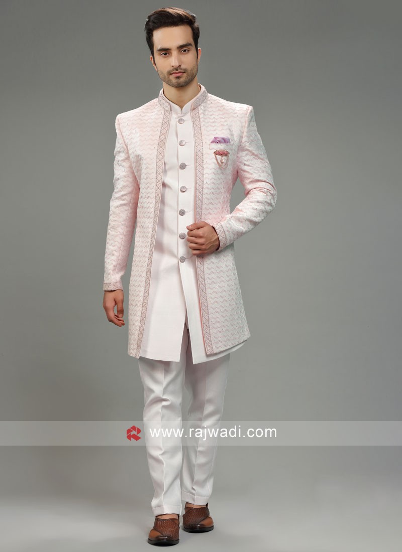 Classy Baby Pink Jacket Style Indowestern In Silk