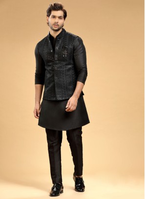 Classy Black Nehru Jacket Set In Art Silk