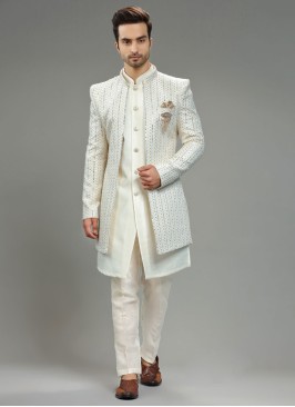 Classy Ivory Jacket Style Indowestern Set In Raw Silk