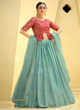 Aqua Blue Chinon Silk Readymade Lehenga Choli