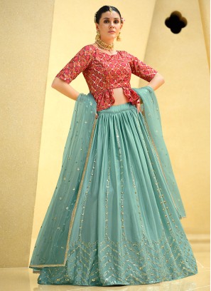 Aqua Blue Chinon Silk Readymade Lehenga Choli