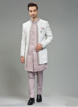 Classy White And Purple Jacket Style Indowestern In Silk