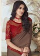 Brown and Red Party Wear Embroidered Silk Saree