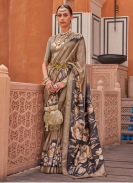 Khaki Color Floral Printed Contemporary Silk Saree
