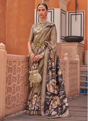 Khaki Color Floral Printed Contemporary Silk Saree