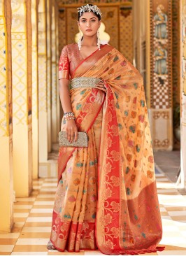 Orange Woven Zari Embellished Festive Saree