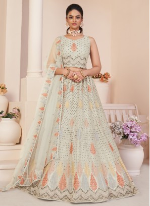 Sequins Embroidered Net Off White Lehenga Choli