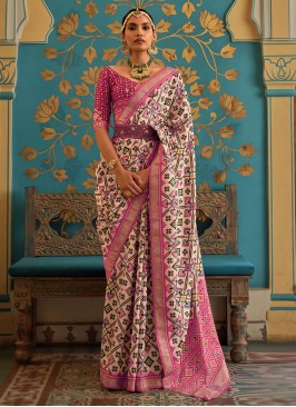 Gorgeous Cream and Pink Patola Silk Woven Saree