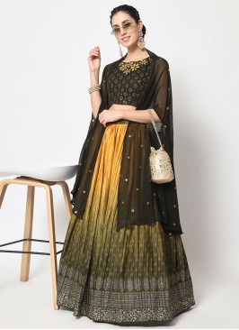 Olive and Mustard Designer Chinon Silk Lehenga Choli