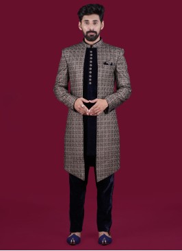 Contemporary Dark Blue Jacket Style Indowestern in Velvet