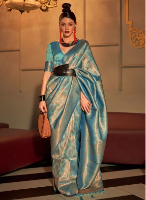 Alluring Blue Weaving Handloom Silk Saree