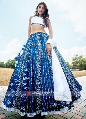 Readymade Navy Blue Printed Crepe Indo Western Skirt With Pi