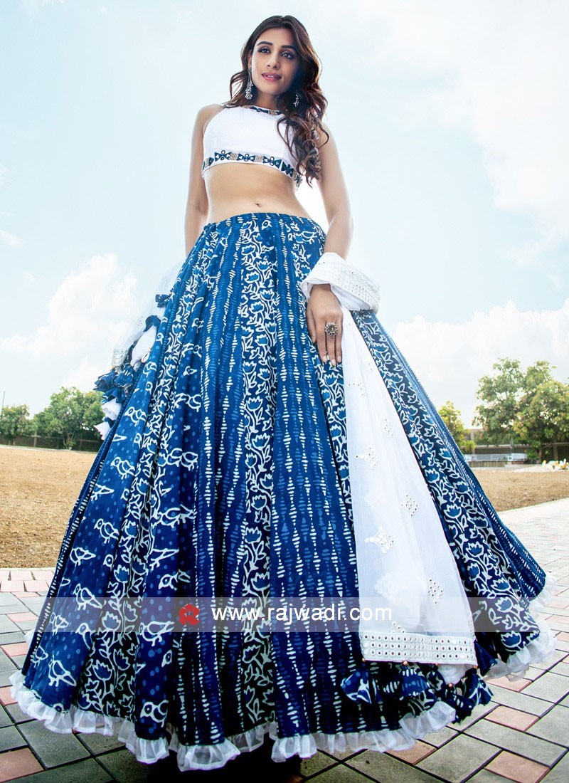 White and Blue Ruffle Lehenga with Peach Dupatta - Priti Sahni