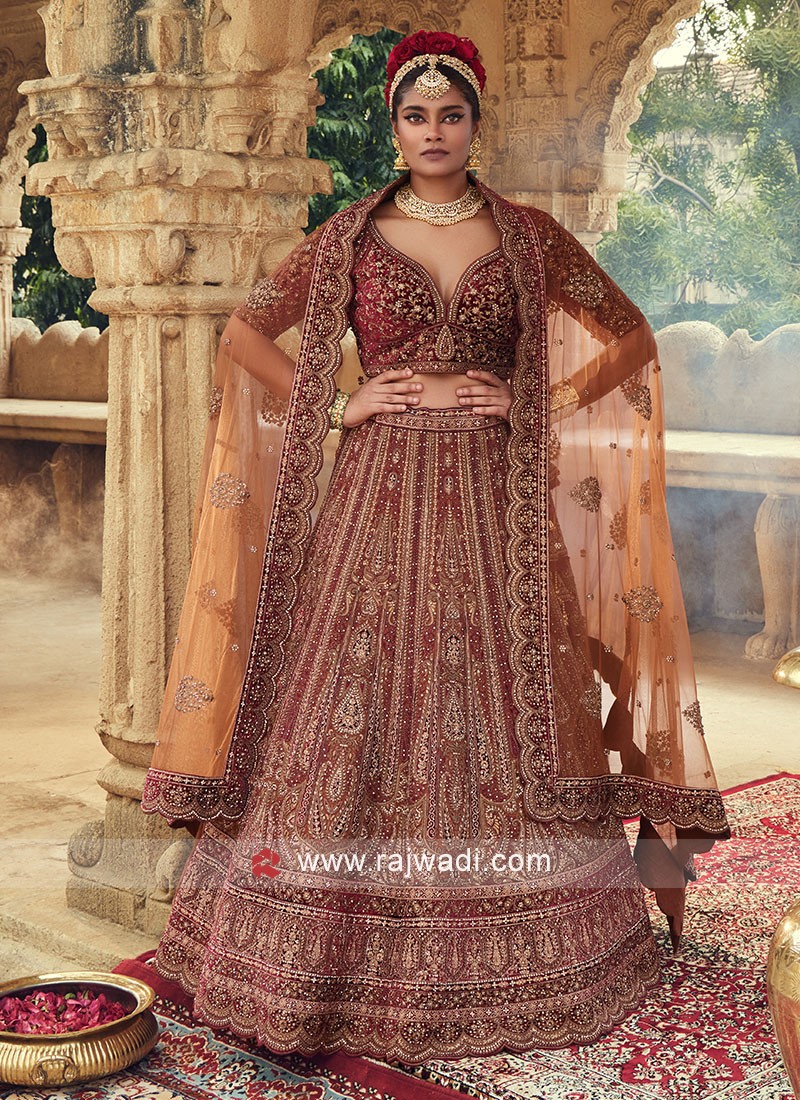 Copper Color Velvet Lehenga Choli With Heavy Embroidery