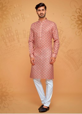 Coral And Off White Printed Kurta Pajama