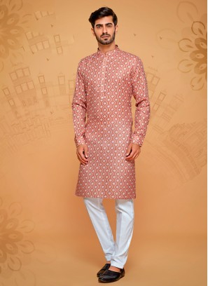 Coral And Off White Printed Kurta Pajama