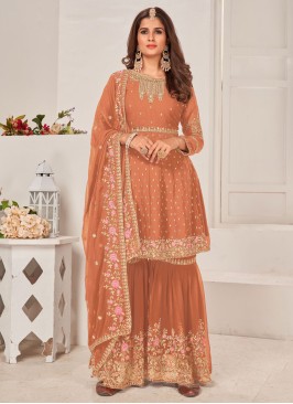 Coral Embroidered Georgette Dress Material