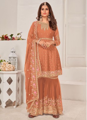Coral Embroidered Georgette Dress Material