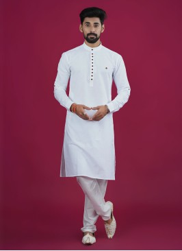 Cotton Fabric Readymade Kurta In White Color