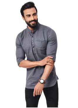 Cotton Grey Short Kurta For Mens