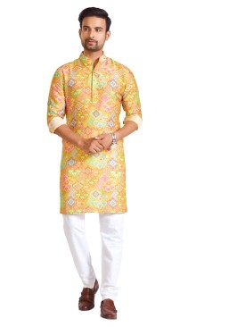 Cotton Lemon Yellow Printed Kurta Pajama